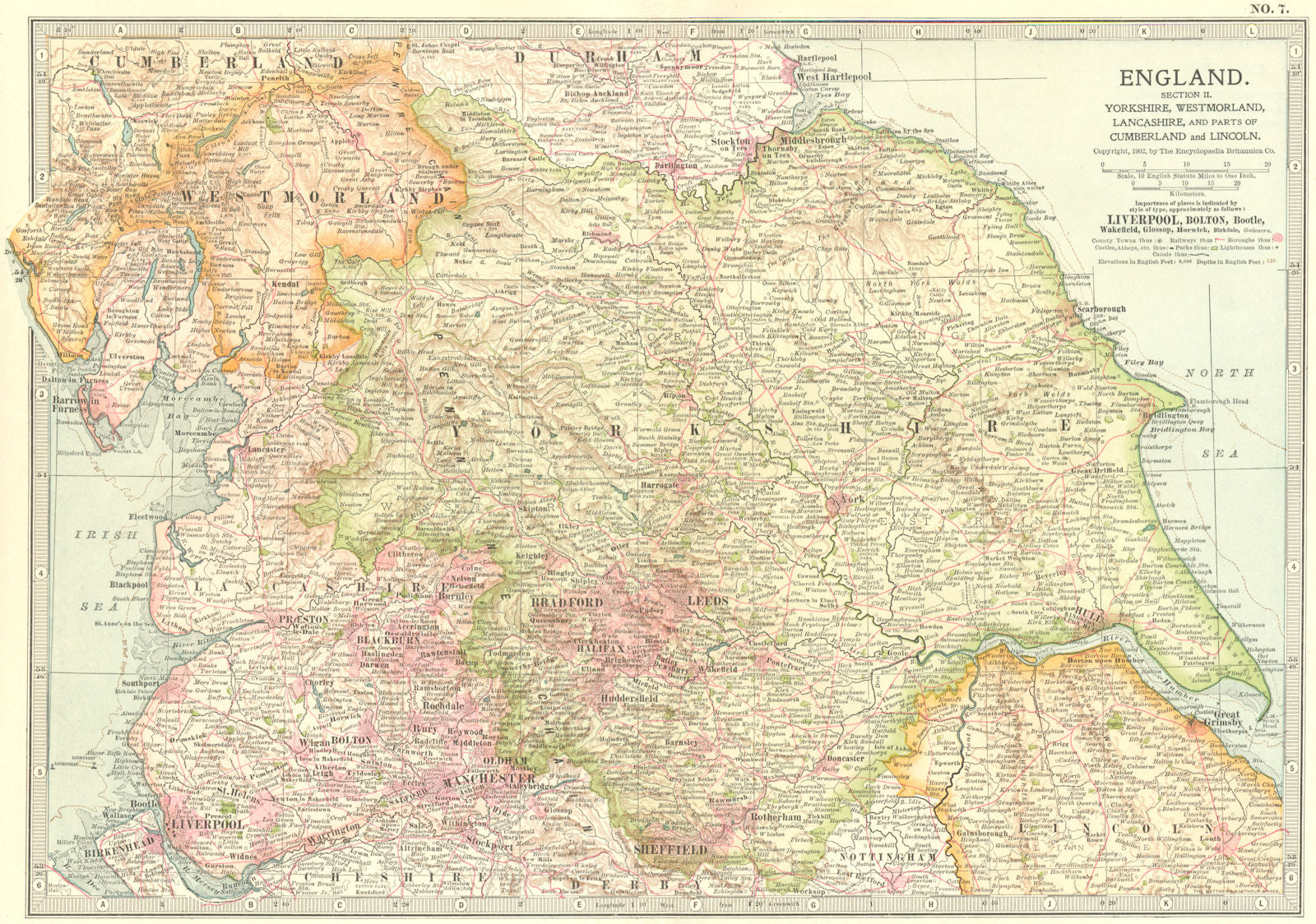 ENGLAND. Yorks, Westmorland, Lancs, Cumbria Lincs 1903 old antique map chart